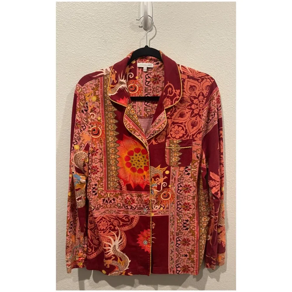 JOHNNY WAS Dragonia Longsleeve Whimsical Red Dragon Pajama Shirt - Picture 2 of 5